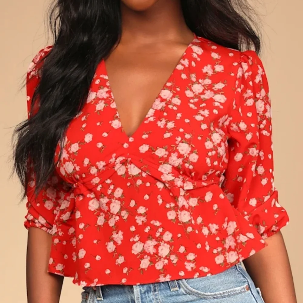 Sage The Label Blouse Women's Red and White Floral Top Size: Small - Picture 4 of 10